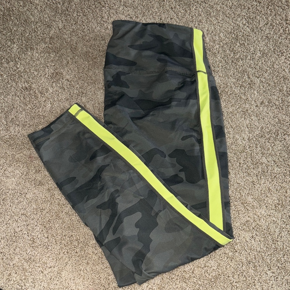 Reebok Black Camo Leggings with Neon Yellow Side Stripe